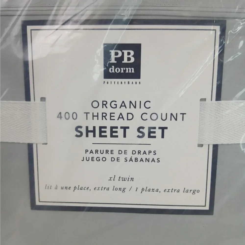 Pottery Barn PB Dorm Organic 400 Thread Count Sheet Set XL Twin Light Gray NEW